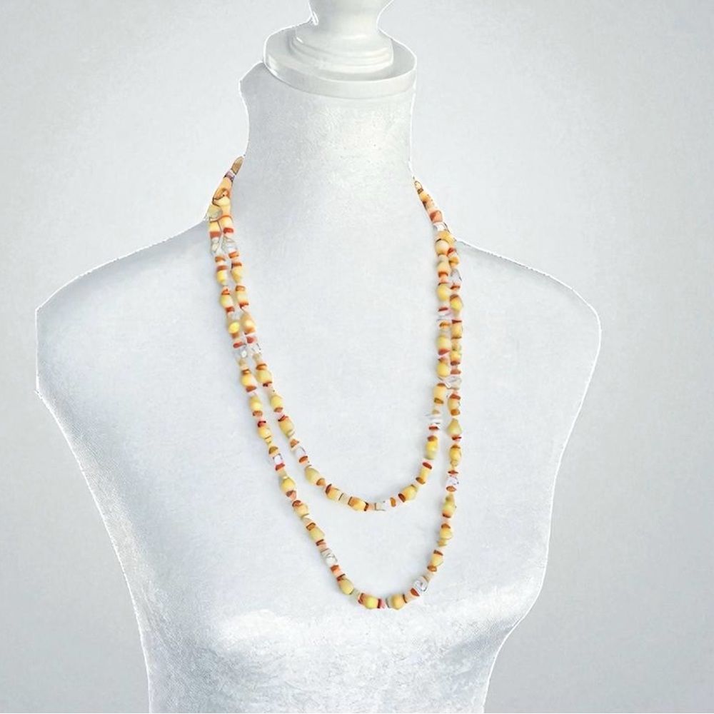 Vintage 1960s Yellow & Orange Plastic Bead Necklace • 53” Long Layered Jewelry